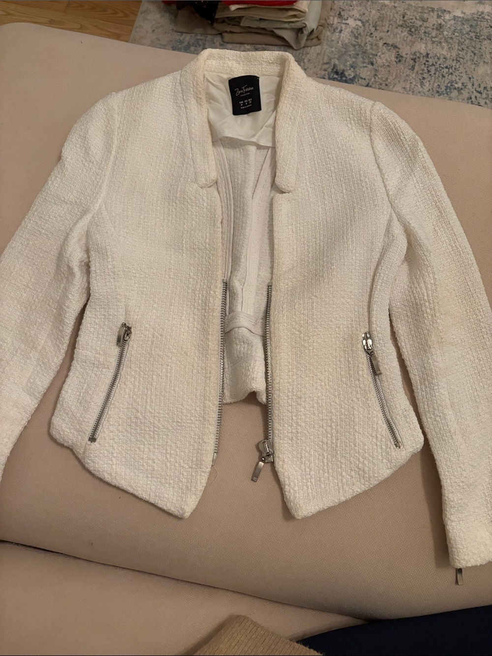 Zara Off-White Textured Zip Front Bouclé Blazer